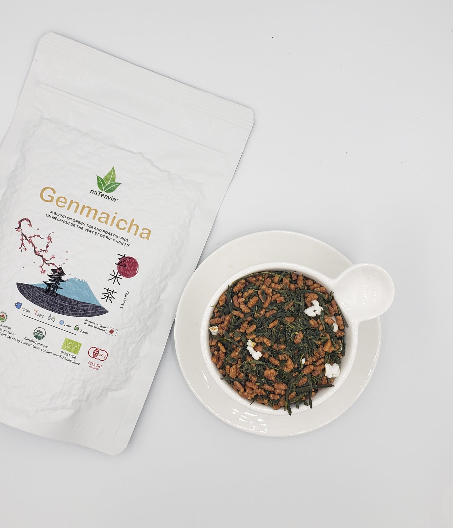 Nateavia Genmaicha - Sencha japonais biologique et riz brun grillé - Goût léger - Origine japonaise authentique - 80g