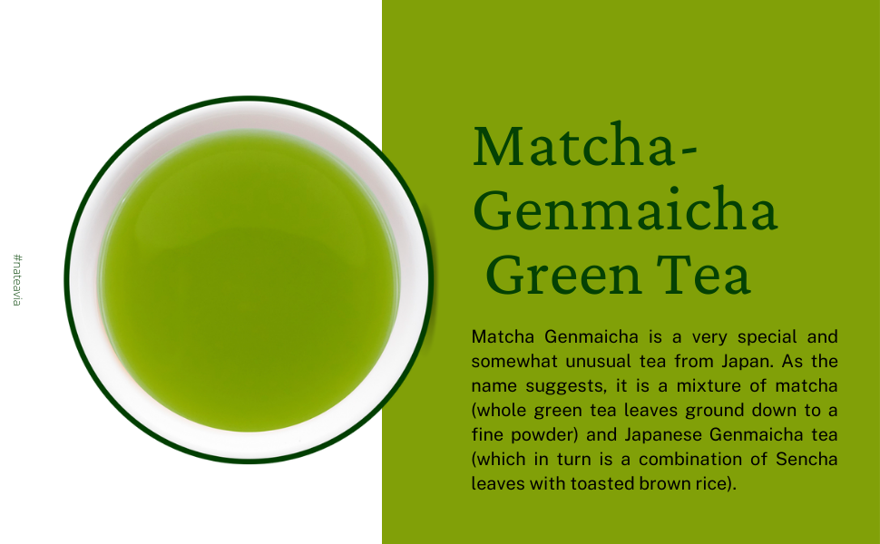 Nateavia Matcha Genmaicha - Hojas finas de sencha japonesas orgánicas, arroz integral tostado y matcha - Sabor cremoso - Auténtico origen japonés - 80 g