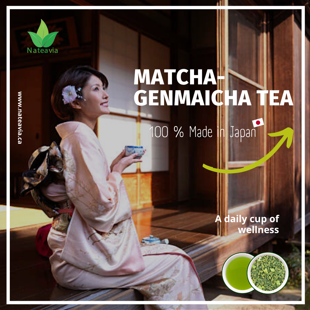 Nateavia Matcha Genmaicha - Hojas finas de sencha japonesas orgánicas, arroz integral tostado y matcha - Sabor cremoso - Auténtico origen japonés - 80 g