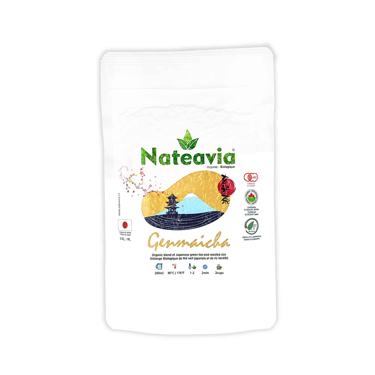 Nateavia Genmaicha, Organic Japanese sencha and toasted brown rice, Yabukita cultivar, Light taste, Authentic Japanese Origin, 80g