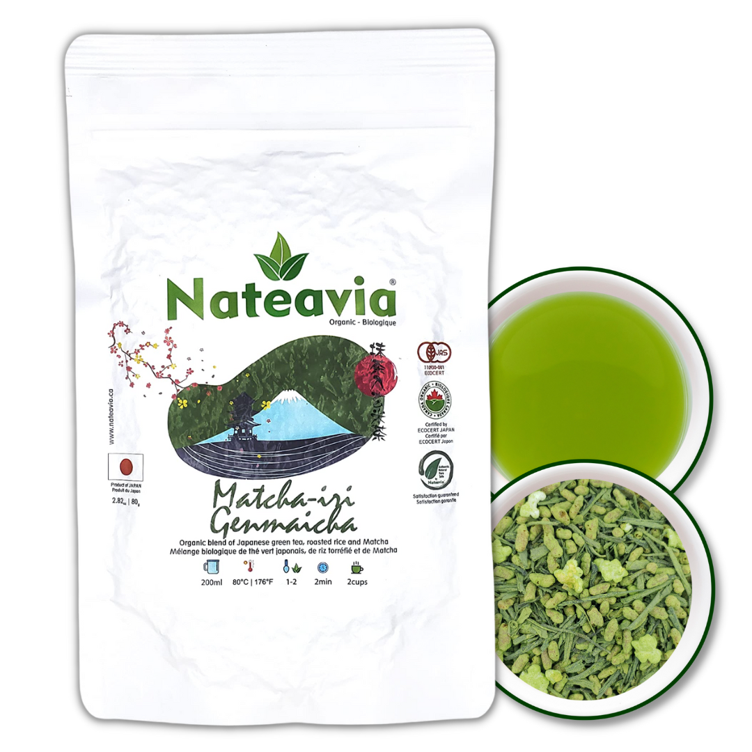 Nateavia Matcha Genmaicha - Hojas finas de sencha japonesas orgánicas, arroz integral tostado y matcha - Sabor cremoso - Auténtico origen japonés - 80 g
