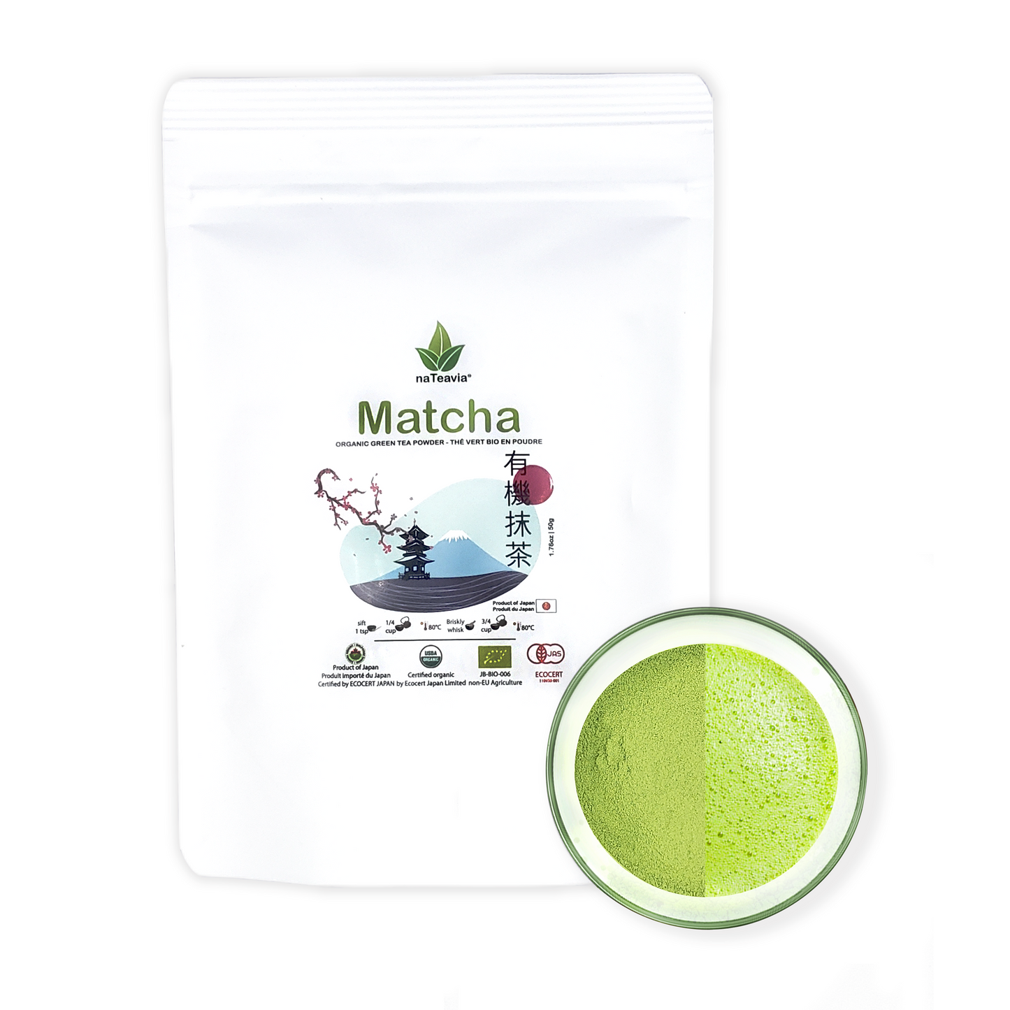 Organic Japanese Matcha Powder – Café Grade, Finely Ground, Smooth & Umami-Rich | Shizuoka Origin, 50g – Nateavia