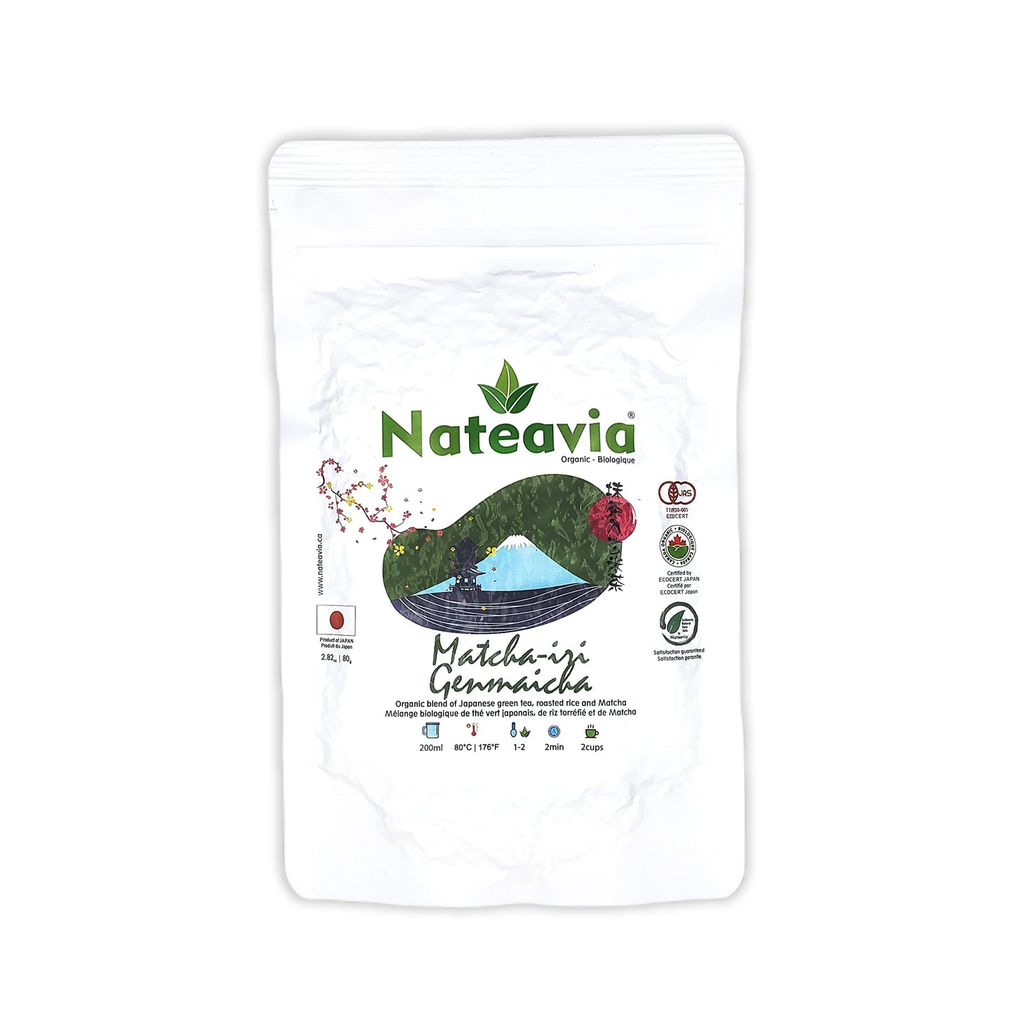 Nateavia Matcha Genmaicha - Hojas finas de sencha japonesas orgánicas, arroz integral tostado y matcha - Sabor cremoso - Auténtico origen japonés - 80 g