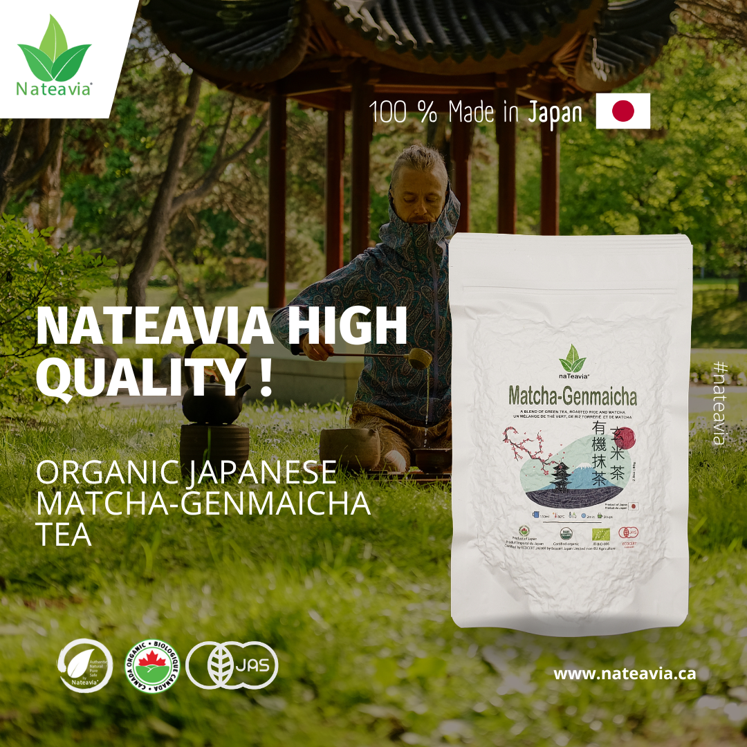Nateavia Matcha Genmaicha - Hojas finas de sencha japonesas orgánicas, arroz integral tostado y matcha - Sabor cremoso - Auténtico origen japonés - 80 g