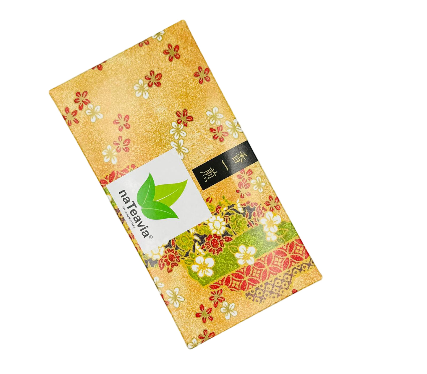 Packaged tea with floral design and visible brand logo on a gray background