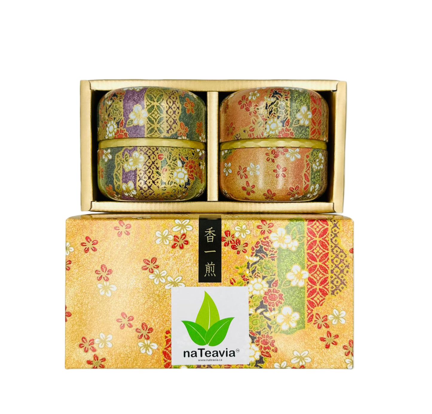 Two tea containers in a decorative box with naTeavia branding on a light gray background