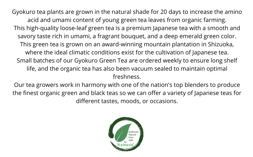 Nateavia Gyokuro Yabukita - Premium Organic Japanese Loose Leaf Green Tea - Smooth, Mild - Authentic Japanese Origin, from Shizuoka  - 50g