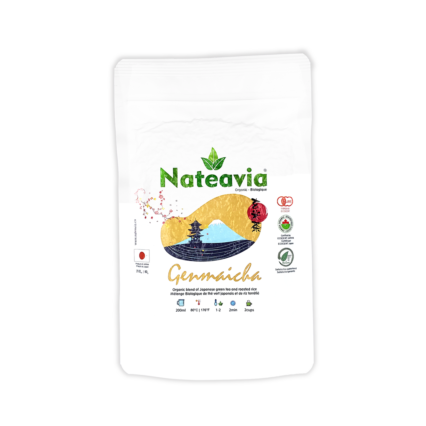 Nateavia Genmaicha - Organic Japanese sencha and toasted brown rice - Light taste - Authentic Japanese Origin  - 80g