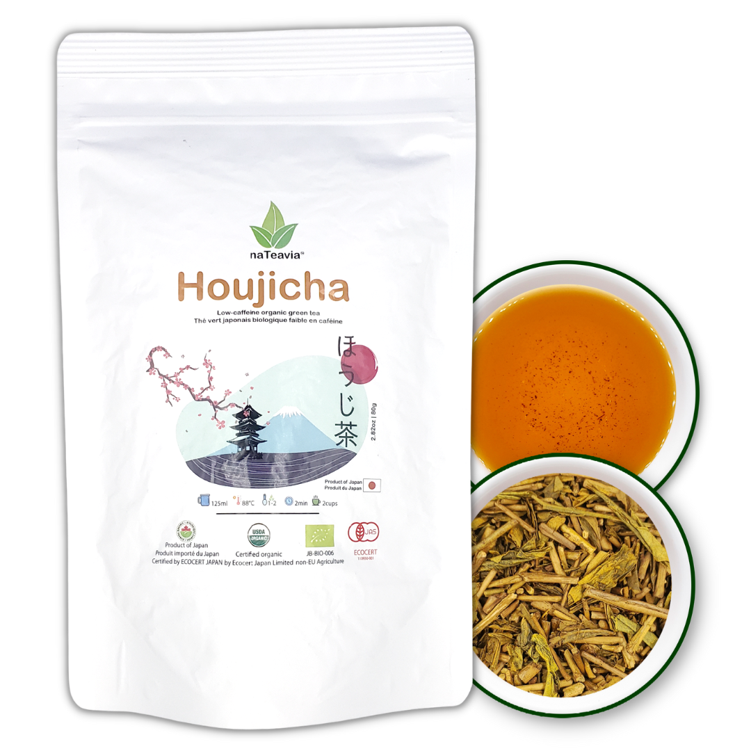 Nateavia Houjicha - Premium Organic Japanese Gold Roast Green Tea - Low-Caffeine - Authentic Japanese Origin, from Shizuoka - 80g
